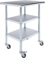 AmGood Stainless Steel Work Table with 2 Shelves and Casters | Metal Utility Table On Wheels (Stainless Steel Work Table with 2 Shelves + Casters, 30" Long x 24" Deep)