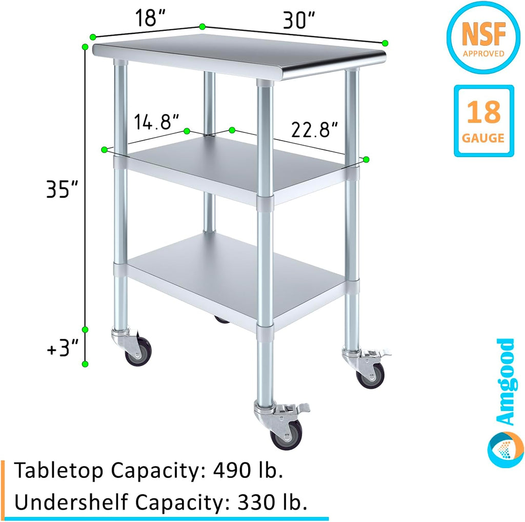 AmGood Stainless Steel Work Table with 2 Shelves and Casters | Metal Utility Table On Wheels (Stainless Steel Work Table with 2 Shelves + Casters, 18" Long x 30" Deep)