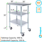 AmGood Stainless Steel Work Table with 2 Shelves and Casters | Metal Utility Table On Wheels (Stainless Steel Work Table with 2 Shelves + Casters, 18" Long x 30" Deep)