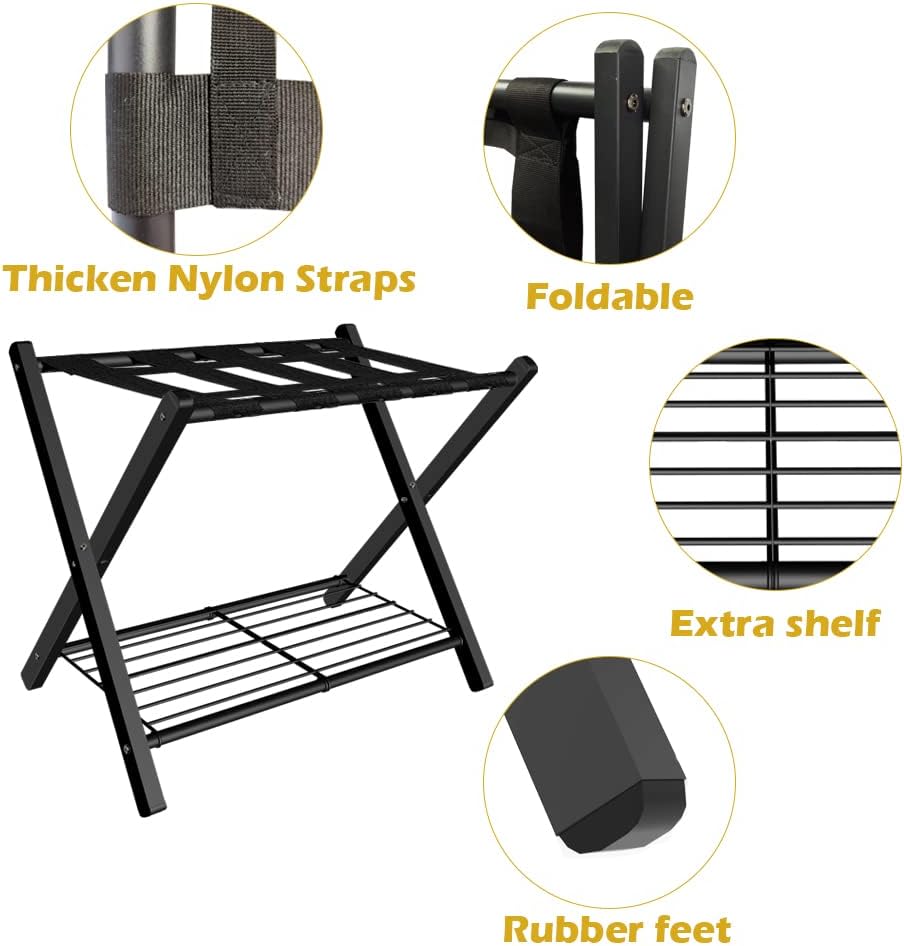 mocomax 1 Pack Folding Luggage Rack for Guest Room, Foldable Suitcase Stand Holder with Metal Storage Shelf for Bedroom, Living Room, Hotel Essentials, Heavy Duty Steel Frame, Black