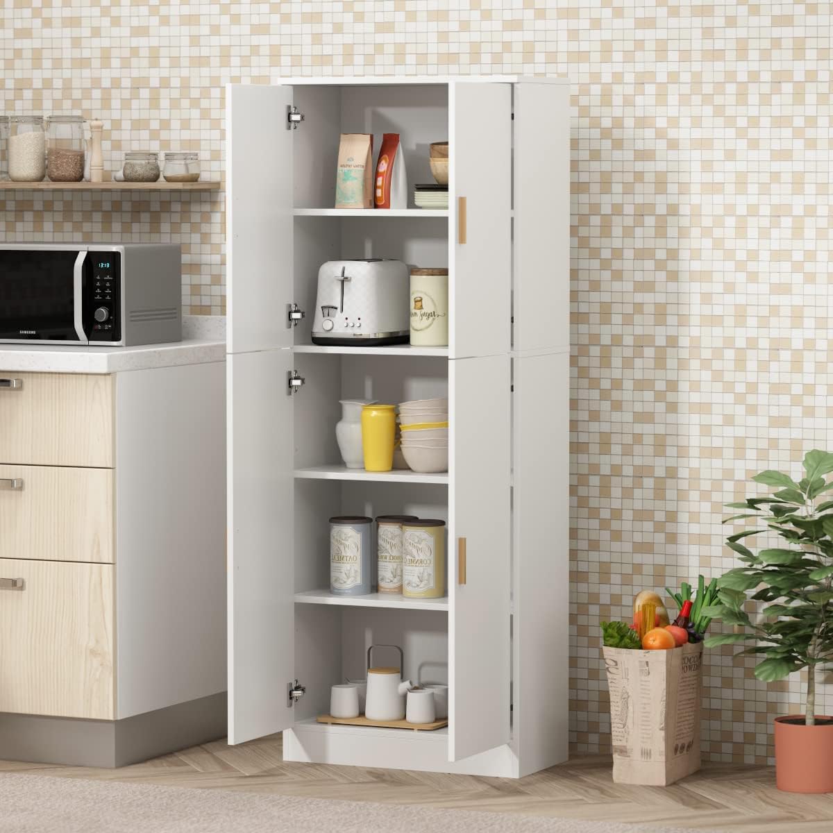 AIEGLE Kitchen Pantry Storage Cabinet with Adjustable Shelves, Kitchen Pantry with 4 Doors, Freestanding Cupboard Storage Organizer Cabinet for Kitchen Living Room, White 61.2" Tall