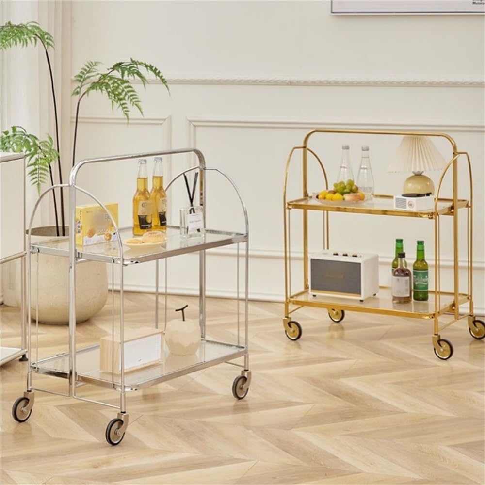 Folding Side Table with Tempered Glass Top, Double Layer Minimalist Rolling C...