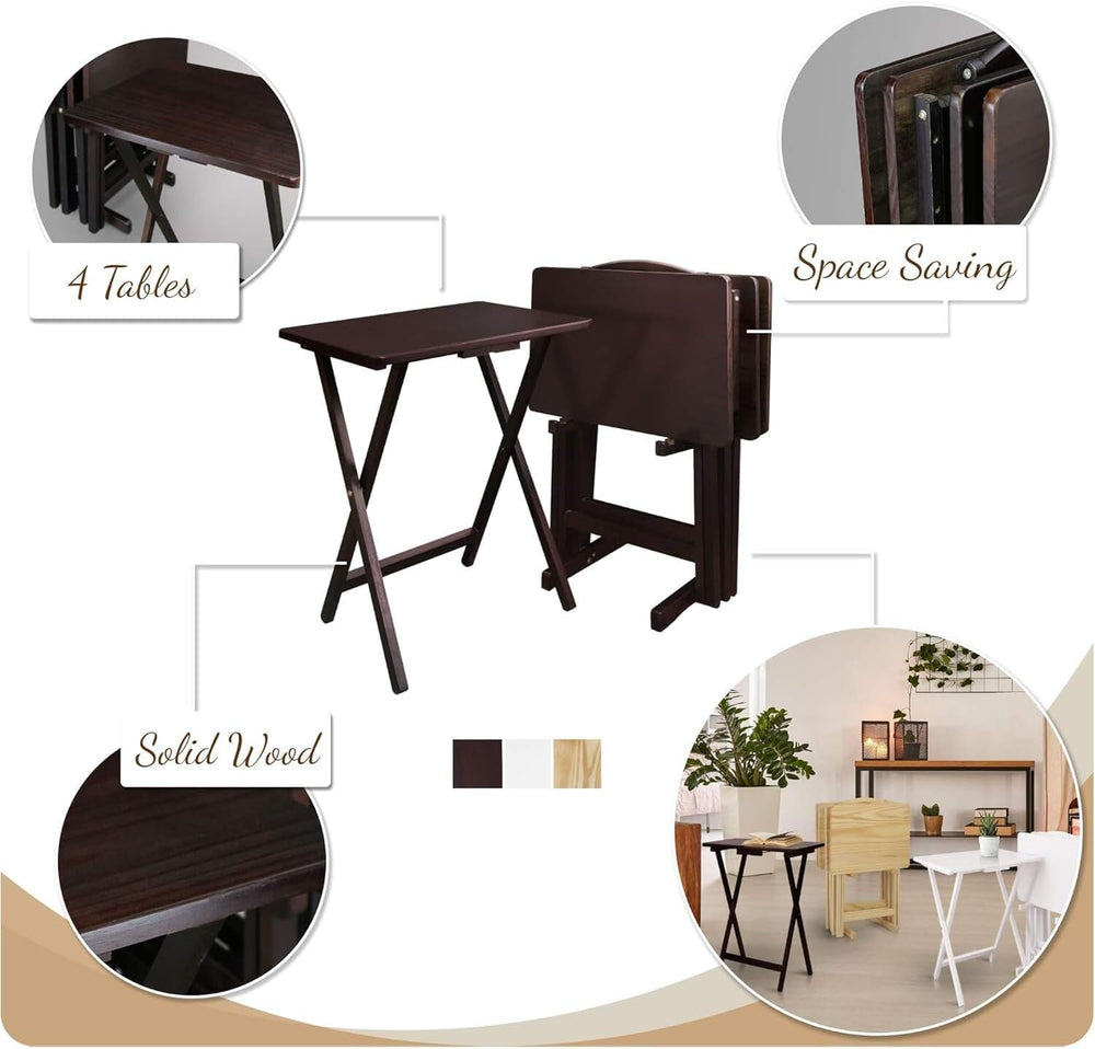 HomeStock Antique 5-Piece Solid Wood Folding Tray Table Set with Storage Stan...