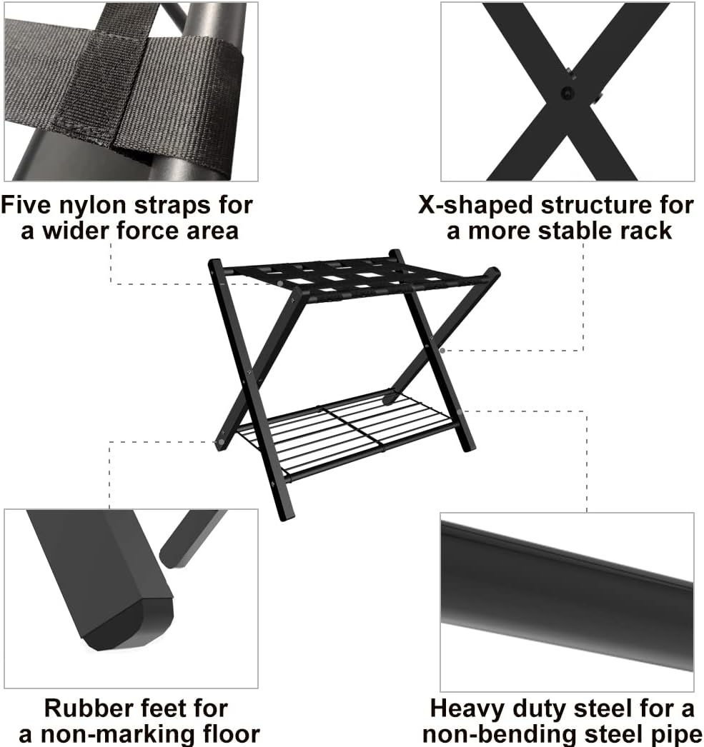 Folding Luggage Rack for Guest Room, Metal Foldable Suitcase Stand Holder with Metal Shelf for Bedroom, Black, 1 pack