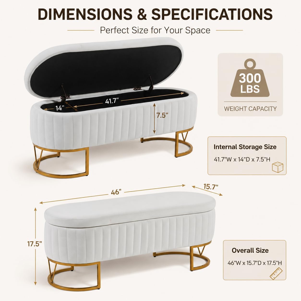 Velvet Storage Bench for Queen Size Bed, 46'' Beige Oval Ottoman, Gold Legs | Easy Assembly, Housewarming Gift, Bedroom, Living Room & Entryway