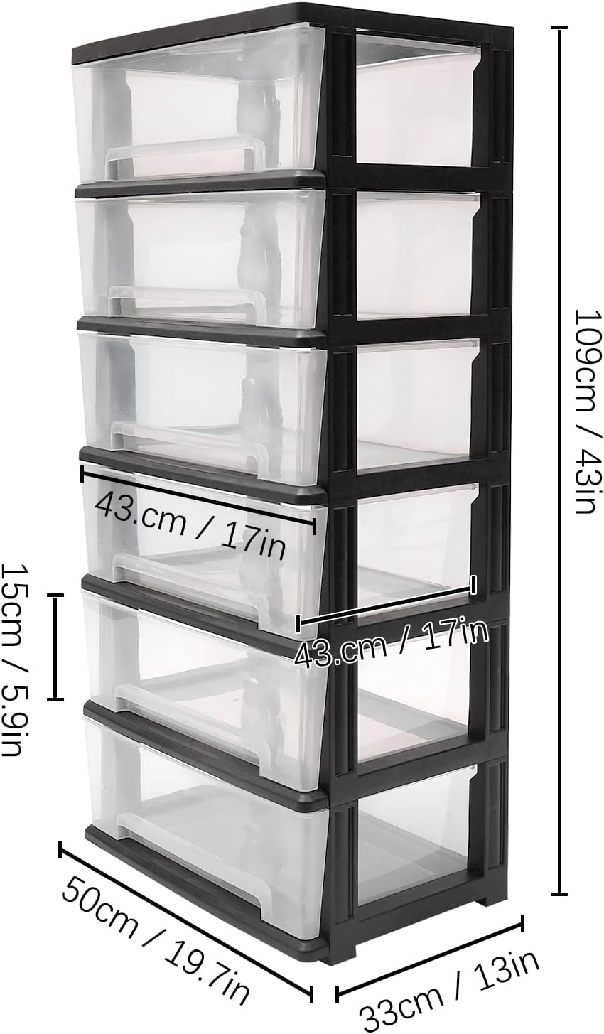6 Clear Drawer Storage Organizer Rolling Cart,Heavy-Duty Storage Tower Plastic Cart Organizer for Closet,Living Room,Hallway, Dormitory (Black)