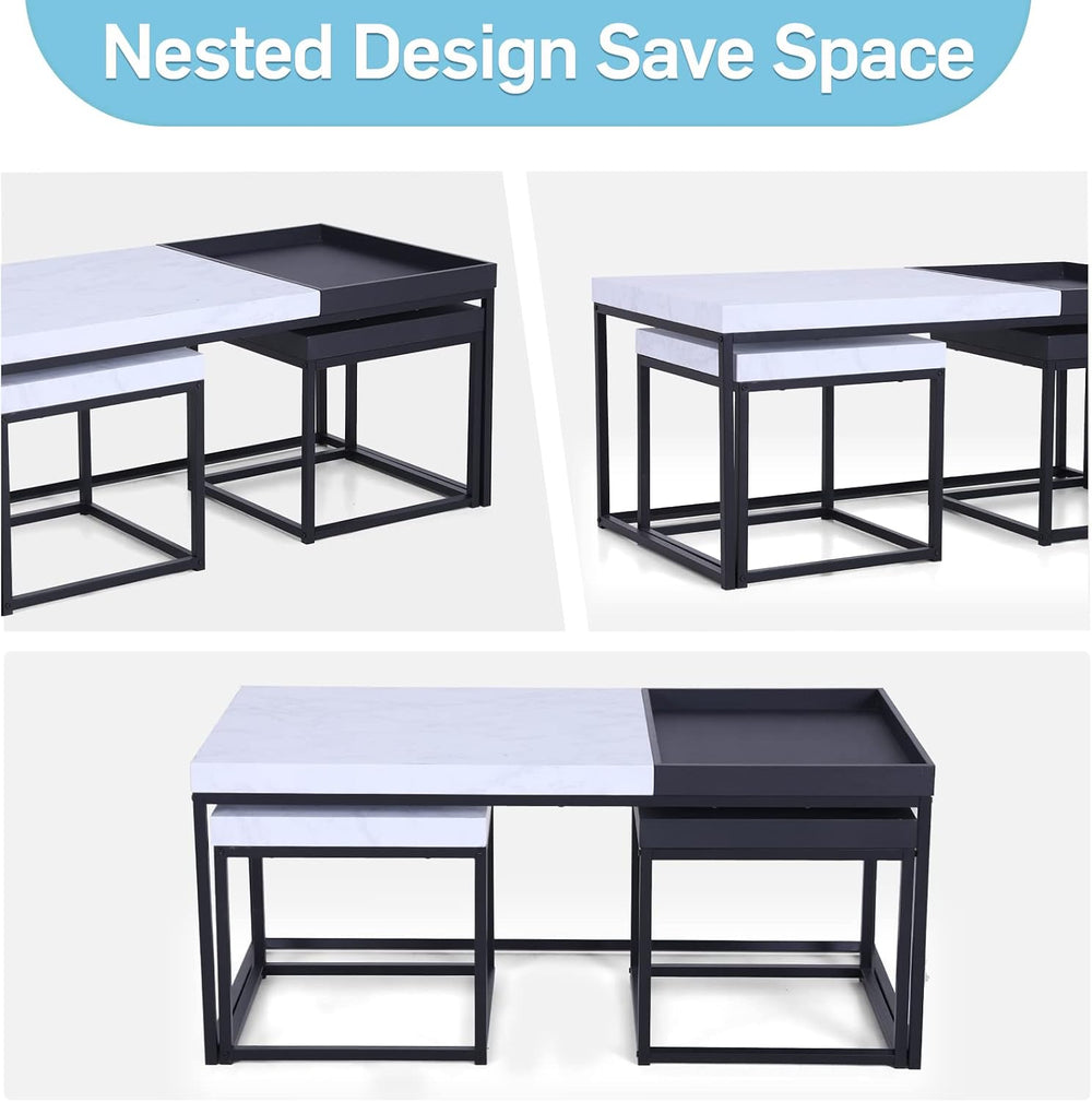 MAISON ARTS Nesting Coffee Table Set of 3, Marble White and Black | Rectangle...