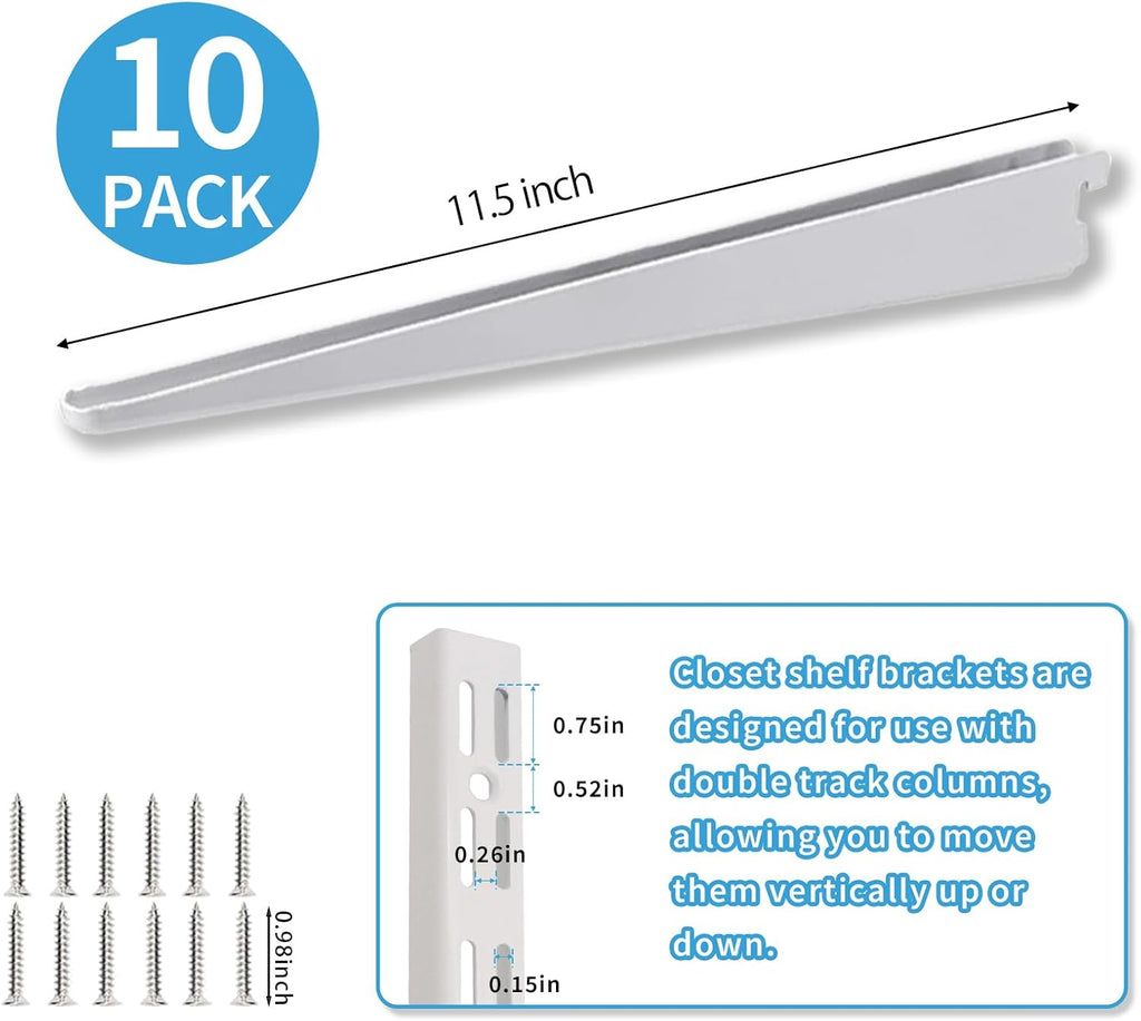 10 Pack 13‑Inch Adjustable Wire Shelf Brackets – Heavy‑Duty Double‑Track Closet & Wall Shelving System Supports（White）