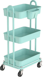 Simple Houseware 3-Tier Multifunctional Rolling Utility Cart with Hanging Bucket, Turquoise