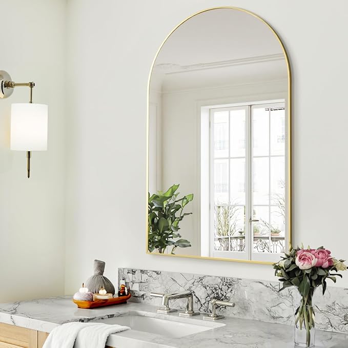 BEAUTYPEAK Wall Mounted Mirror, 26 inch x38 inch Arch Bathroom Mirror, Gold Vanity Wall Mirror w/ Metal Frame for Bedroom, Entryway, Living Room