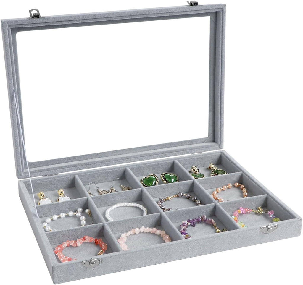 Wudygirl 12 Grid Jewelry Organizer Velvet Jewelry Tray with Clear Lid Jewelry Box Bracelet Holder Display Case Storage Bracelets Rings Earrings Organizer (12 Grid)