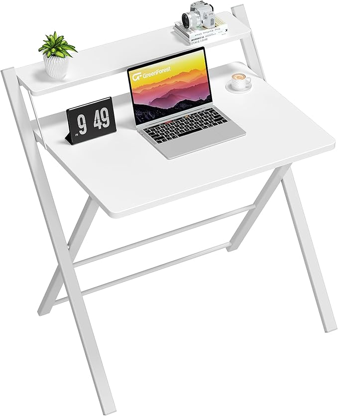 GreenForest No Assembly Folding Desk, 2-Tier Compact Computer Desk with Shelf, Space Saving Foldable Table for Home Office, Dorm or Apartment, Portable Collapsible Sturdy Laptop Desk, White