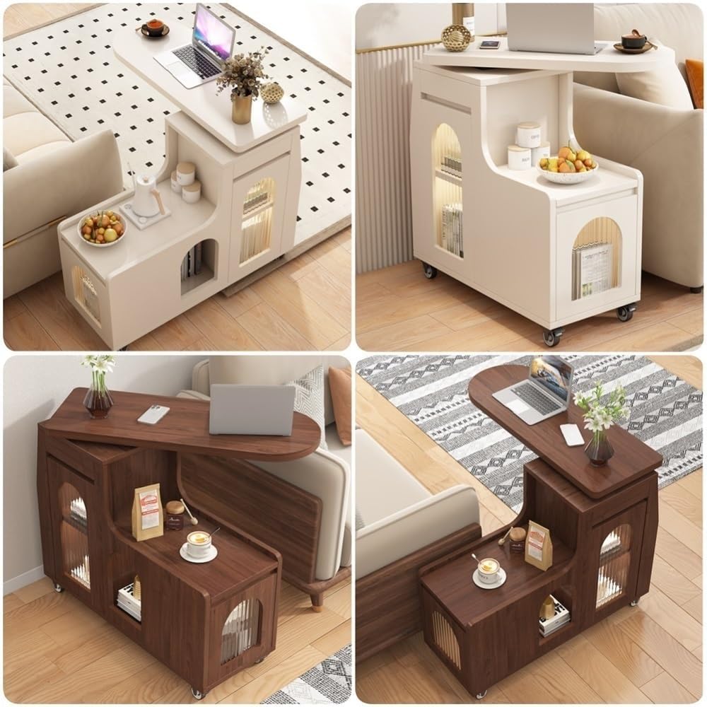 Swivel Trays Side Table with Storage, Mobile End Table on Lockable Wheels, Sp...