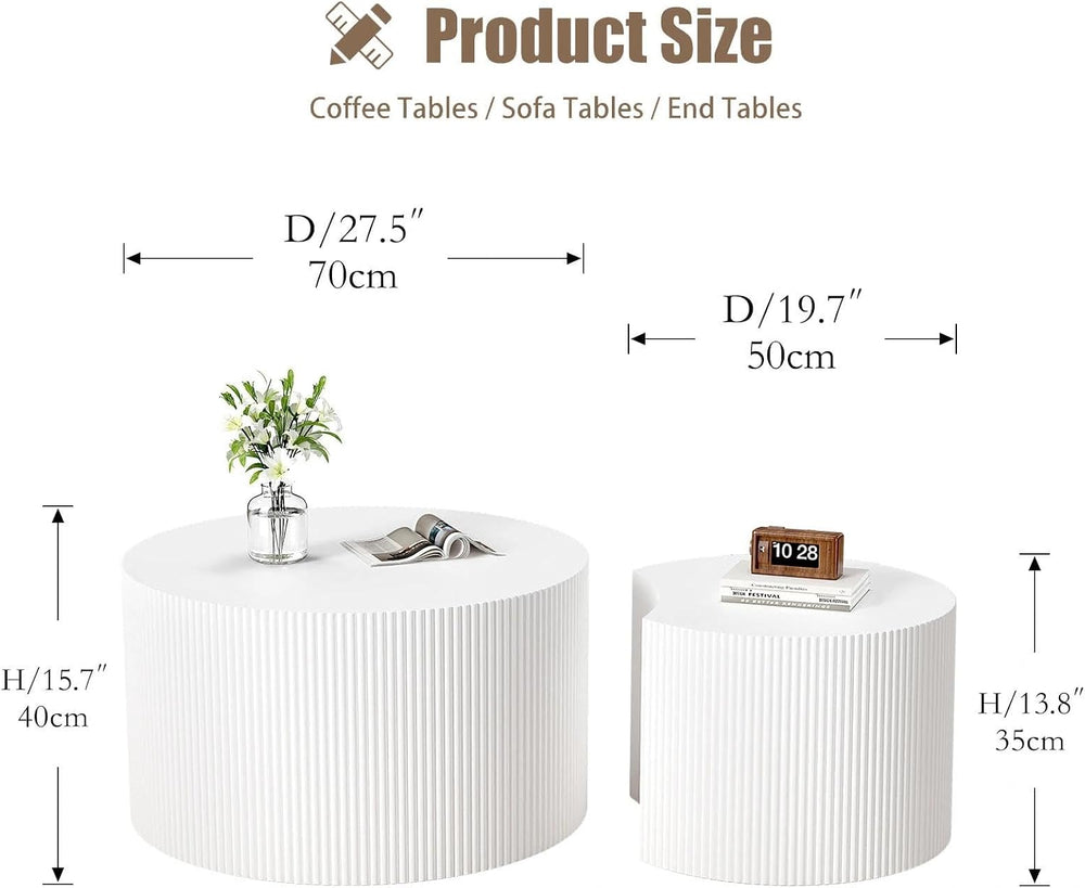 27.5" Round Nesting Coffee Table Set of 2 (White) | Wooden Fluted Drum S...