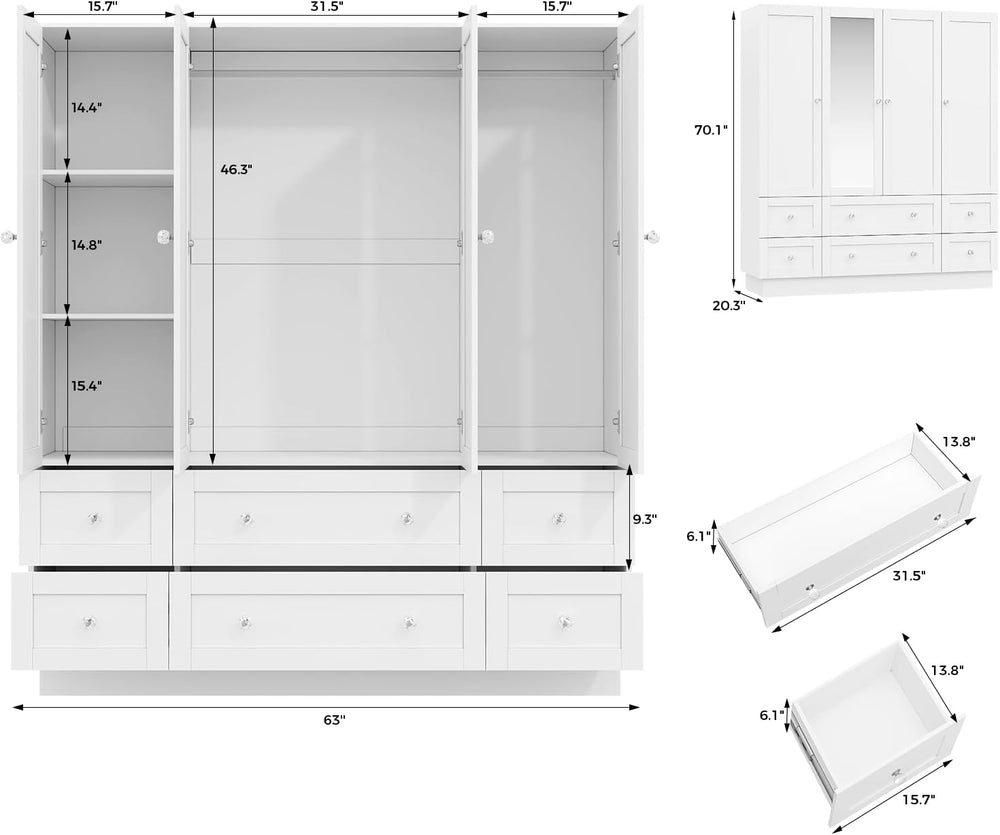 VOWNER Wardrobe Closet with 4 Doors Bedroom Armoire with Mirror & 6 Drawers