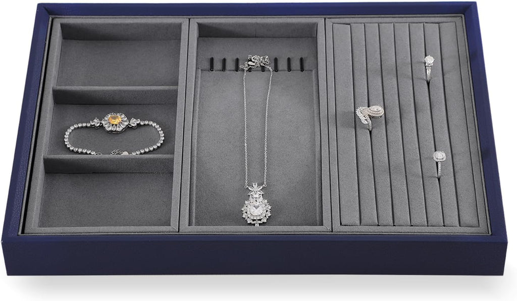 Dark Blue Jewelry Display Tray Ring Necklace Earring Bangle Organizer Multifunctional Storage Case for Jewelry Showcase (Long Necklace Tray)