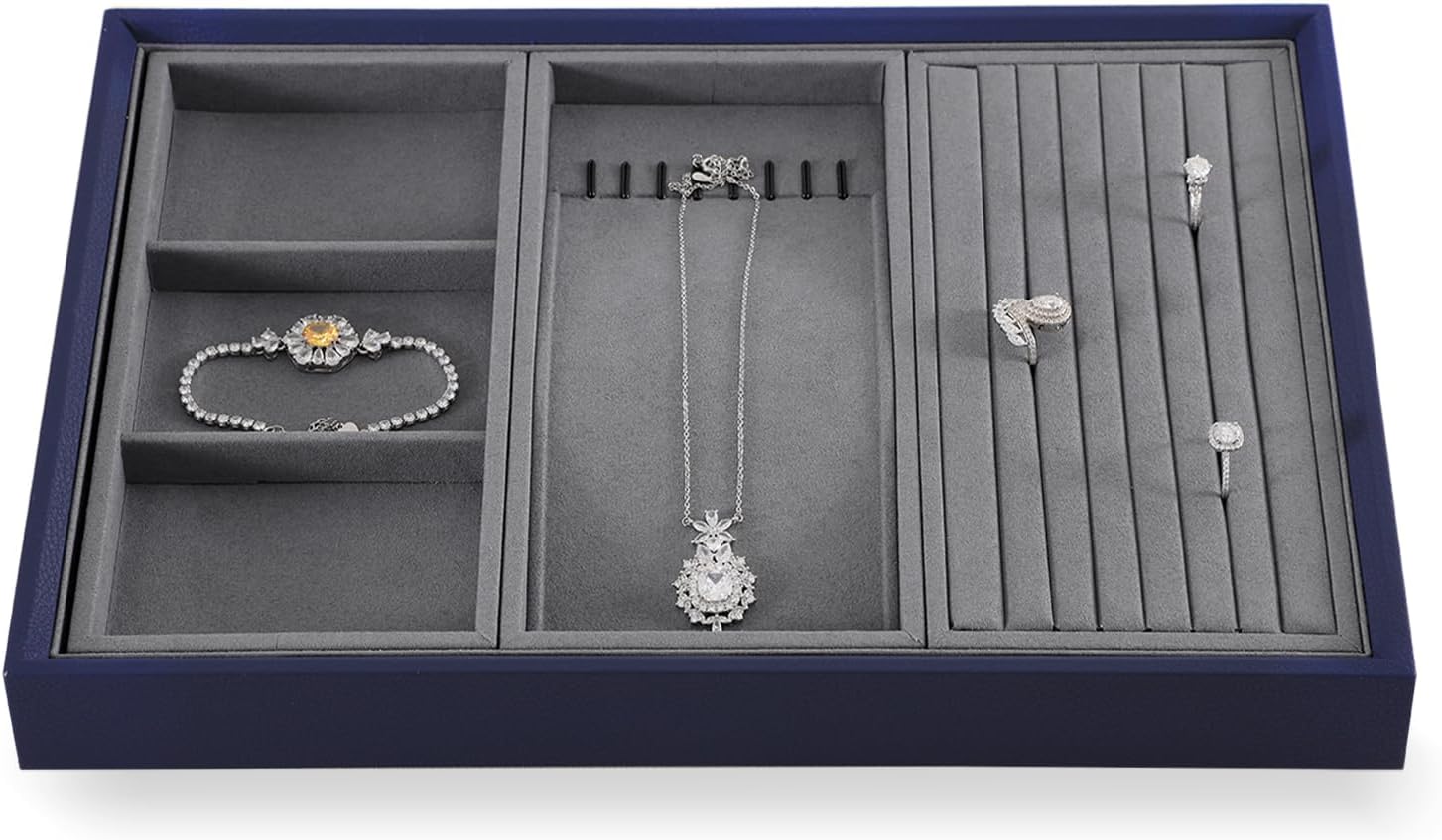 Dark Blue Jewelry Display Tray Ring Necklace Earring Bangle Organizer Multifunctional Storage Case for Jewelry Showcase (Long Necklace Tray)