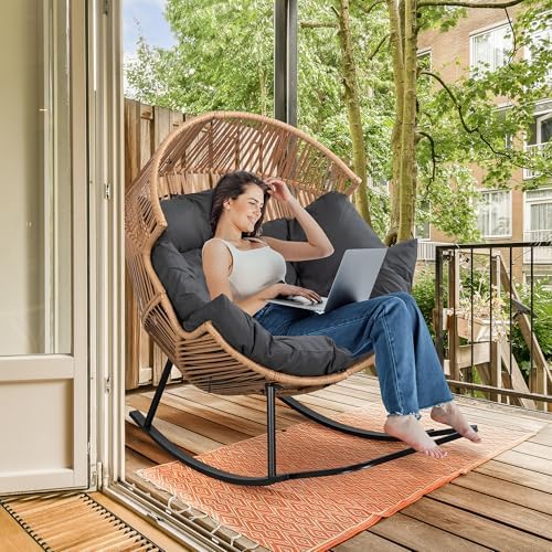 Shintenchi Wicker Egg Chair, Outdoor Indoor Rocking Chair, Large PE Rattan Ro...