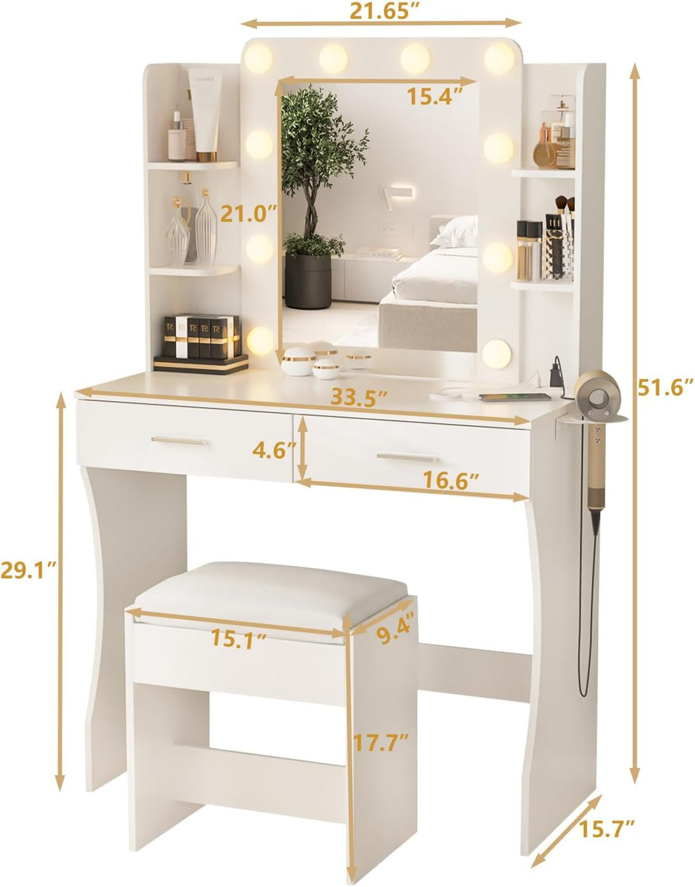 Vabches White Makeup Vanity Desk with Lighted Mirror & Charging Station |...