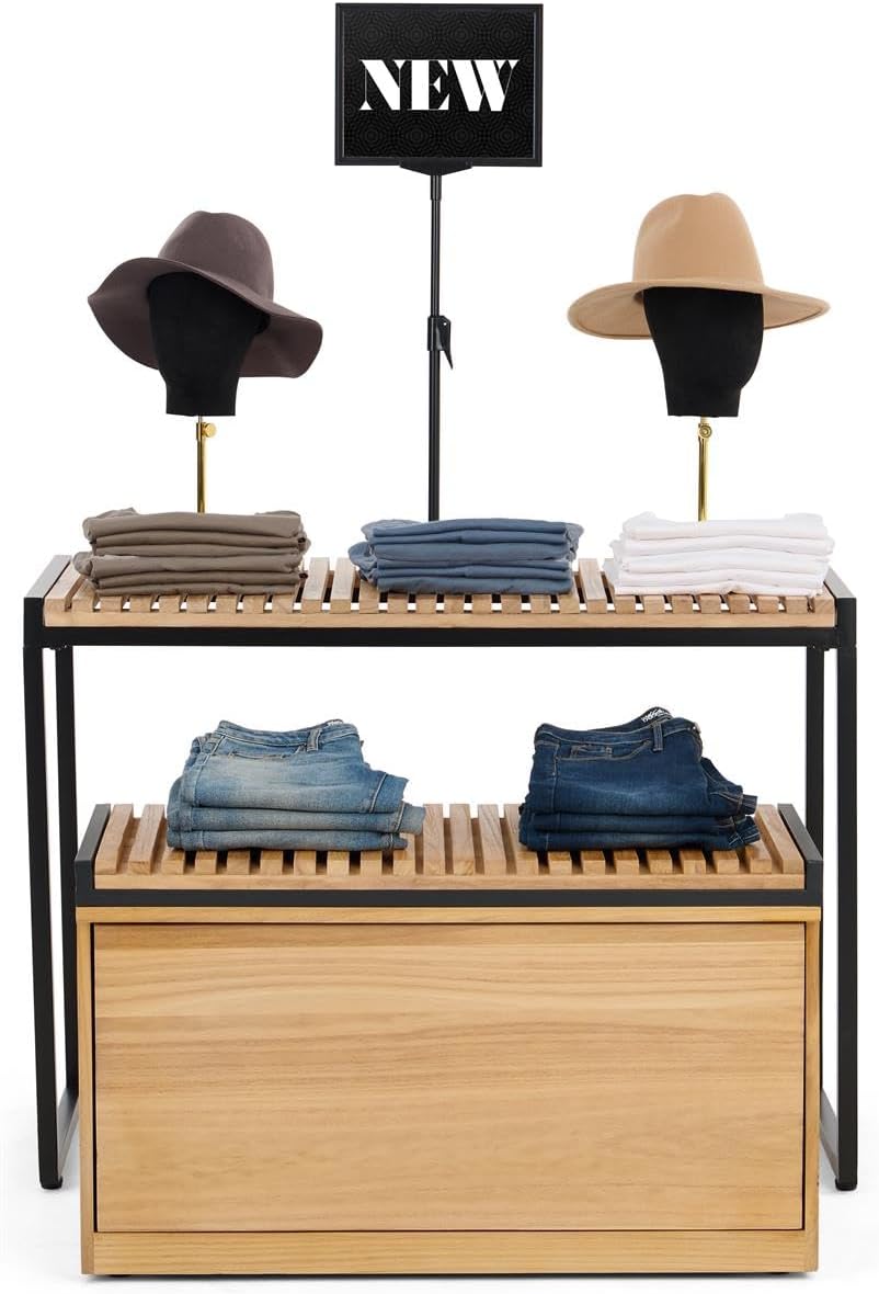 Displays2go Retail Display Nesting Tables | Rectangular, Slatted Pine Wood, N...
