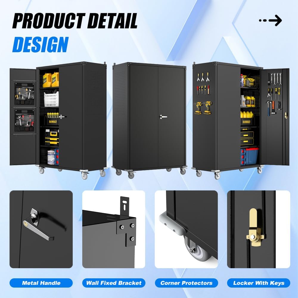 Yeeoy 72" Wide & Deep Metal Garage Storage Cabinet with Wheels, Blac...