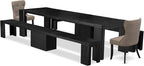X02SI-206-48 - 5-pc Modern Dining Room Table Set a Rectangular Kitchen Table and 2 wooden Benches and 2 coffee Linen Fabric Dining Chair, 39x120 Inch, Wire Brushed Black