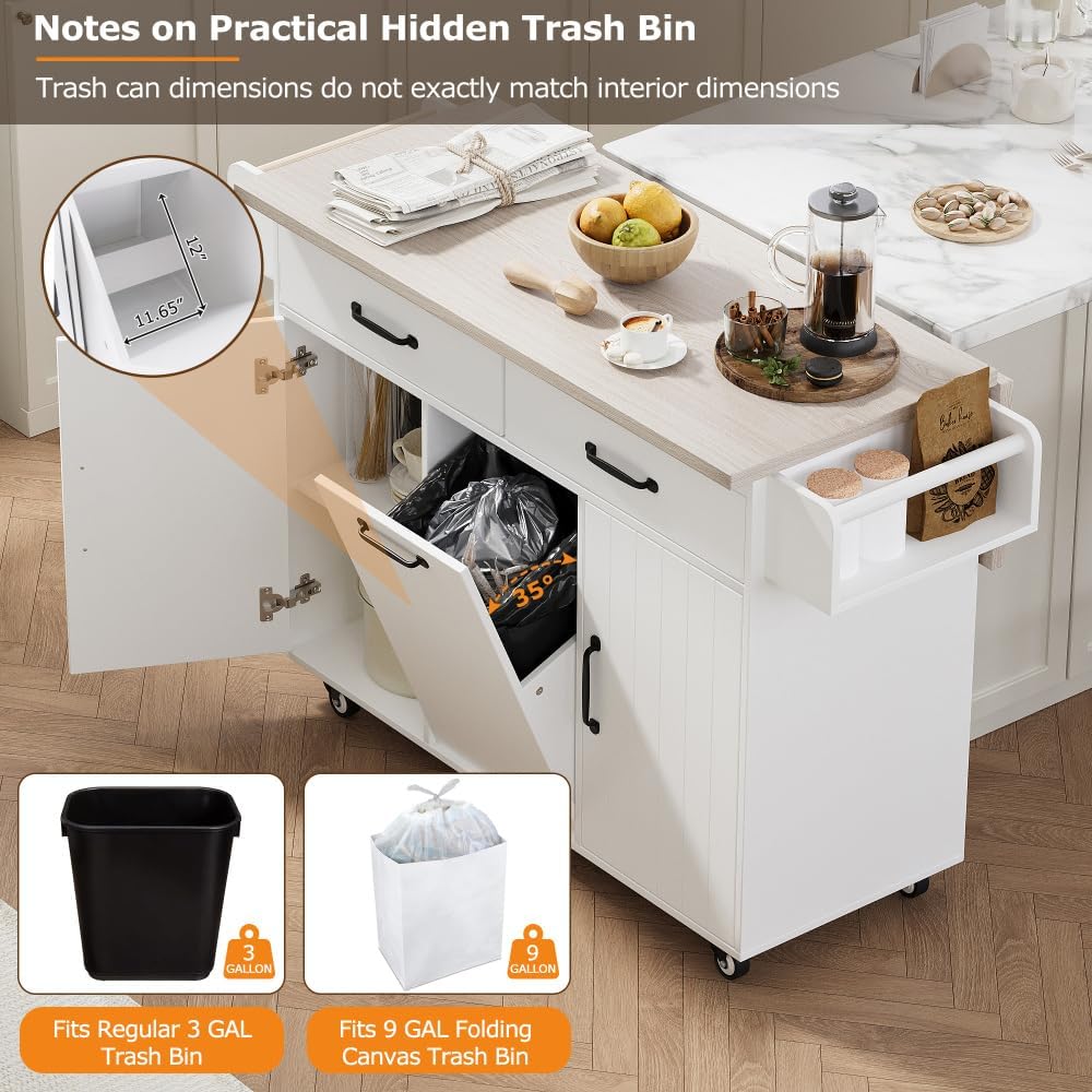 ZOEDO K&K Kitchen Island with Trash Can Storage Cabinet, Kitchen Cart wit...
