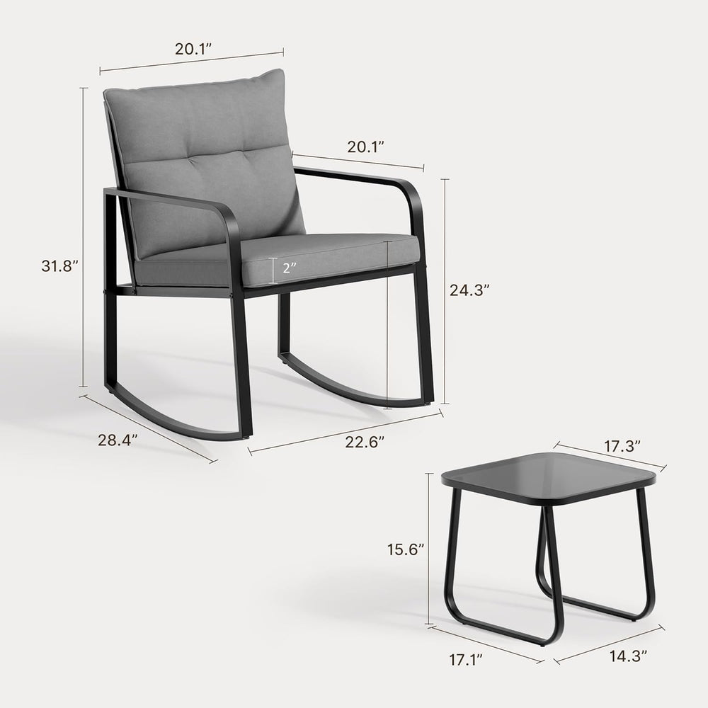 Gizoon 3 Piece Rocking Bistro Set, Black Steel Patio Furniture,Grey Cushion