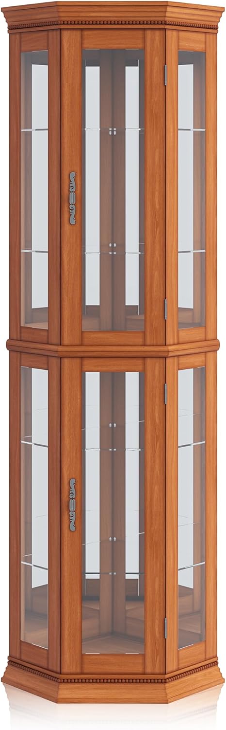BELLEZE Lighted 3-Side Glass Display Curio Cabinet w/Tempered Glass Doors and...