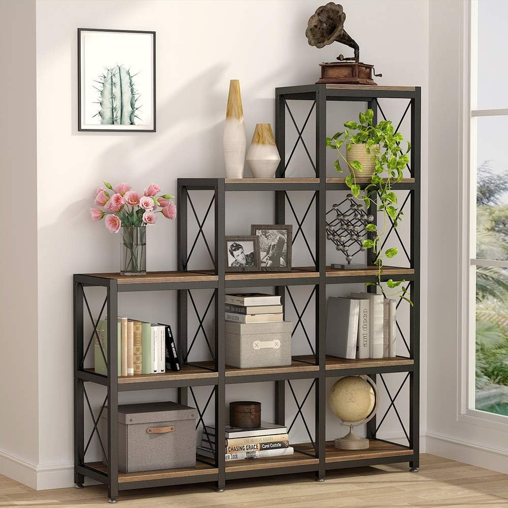 Tribesigns 12 Shelves Bookshelf, Industrial Ladder Corner Bookshelf 9 Cubes S...