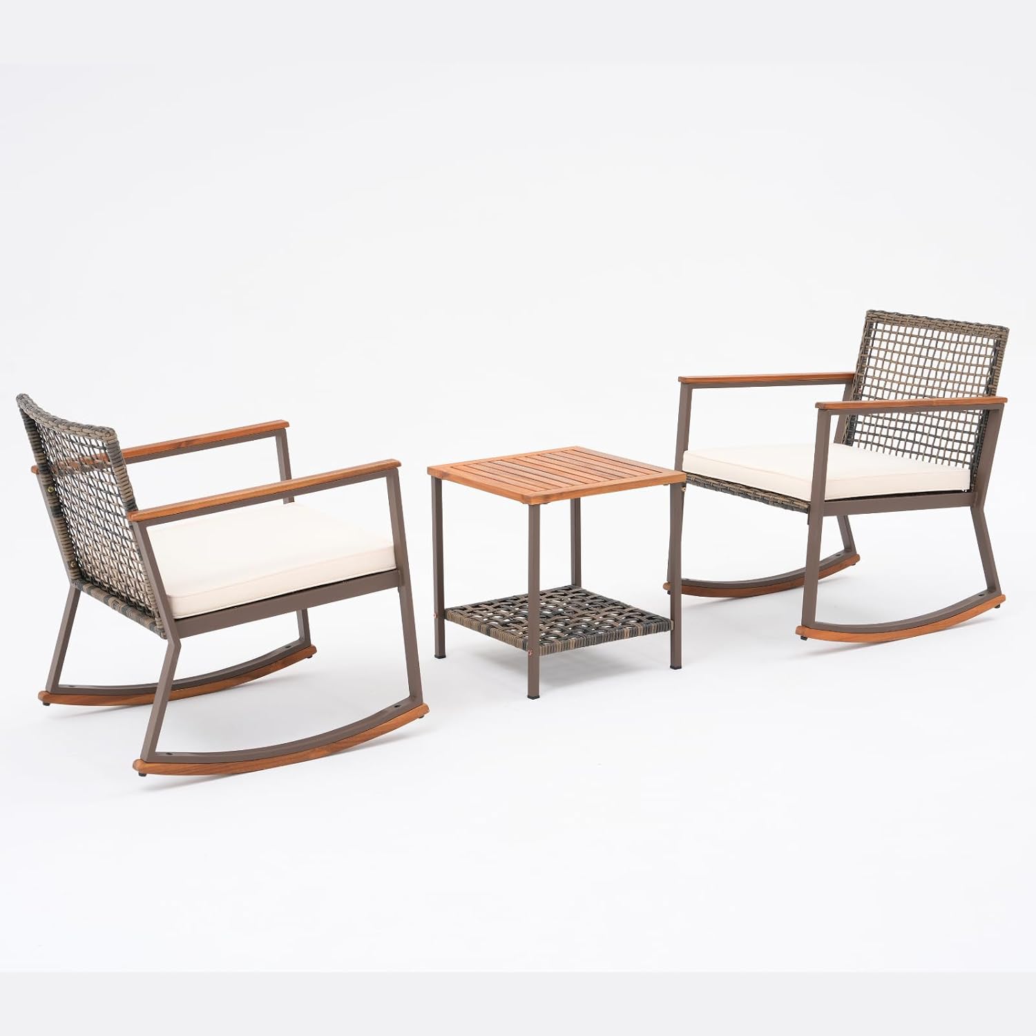 Verano Garden 3 Pieces Rocking Bistro Set, Conversation Bistro Set | Outdoor Chairs and Table Set, Wood Armrest, Soft Cushions, Small Porch Set, Balcony Set, Garden, Patio, Yard, Mix Brown