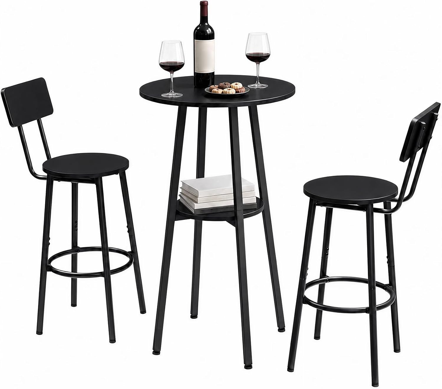 HOOBRO 3 Pieces Round Bar Height Table and Chairs Set, Round Dining Table Set, Pub Table and Chairs for Small Space, 2 Tier Kitchen Table and Bar Stools with Back, Black BB35BT01