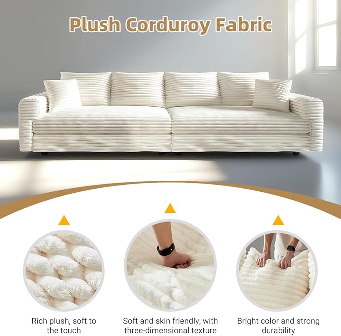 KEIKI 102.4" Sectional Couches, Modern Comfy Upholstered Sofa Cloud Couch, Deep Seat 4 Seat Sofa Set with Soft Pillows and Movable Ottoman for Living Room Bedroom,Apartment,Office, Beige