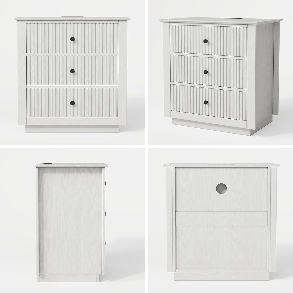24" Wide Nightstand with Charging Station, Modern Fluted Bedroom Nightst...