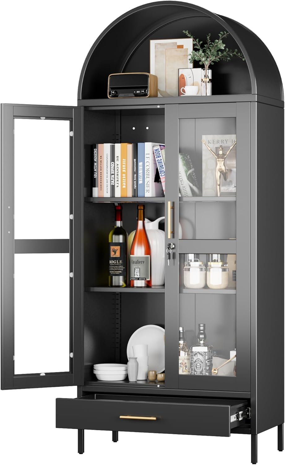 72.83" H Black Metal Arched Cabinet with 1 Drawer,Arched Cabinet with Gl...