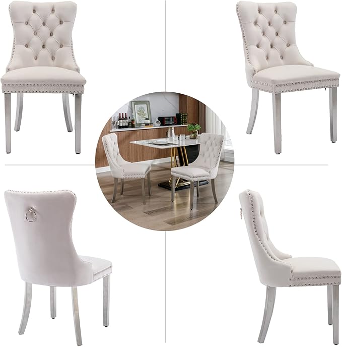 Dining Room Chairs Set of 4, Velvet Upholstered Dining Chairs with Back Ring Pull Trim and Sliver Stainless Steel Legs,Modern Dining Chair Perfect for Dining Room,Living Room,Kitchen(Beige)