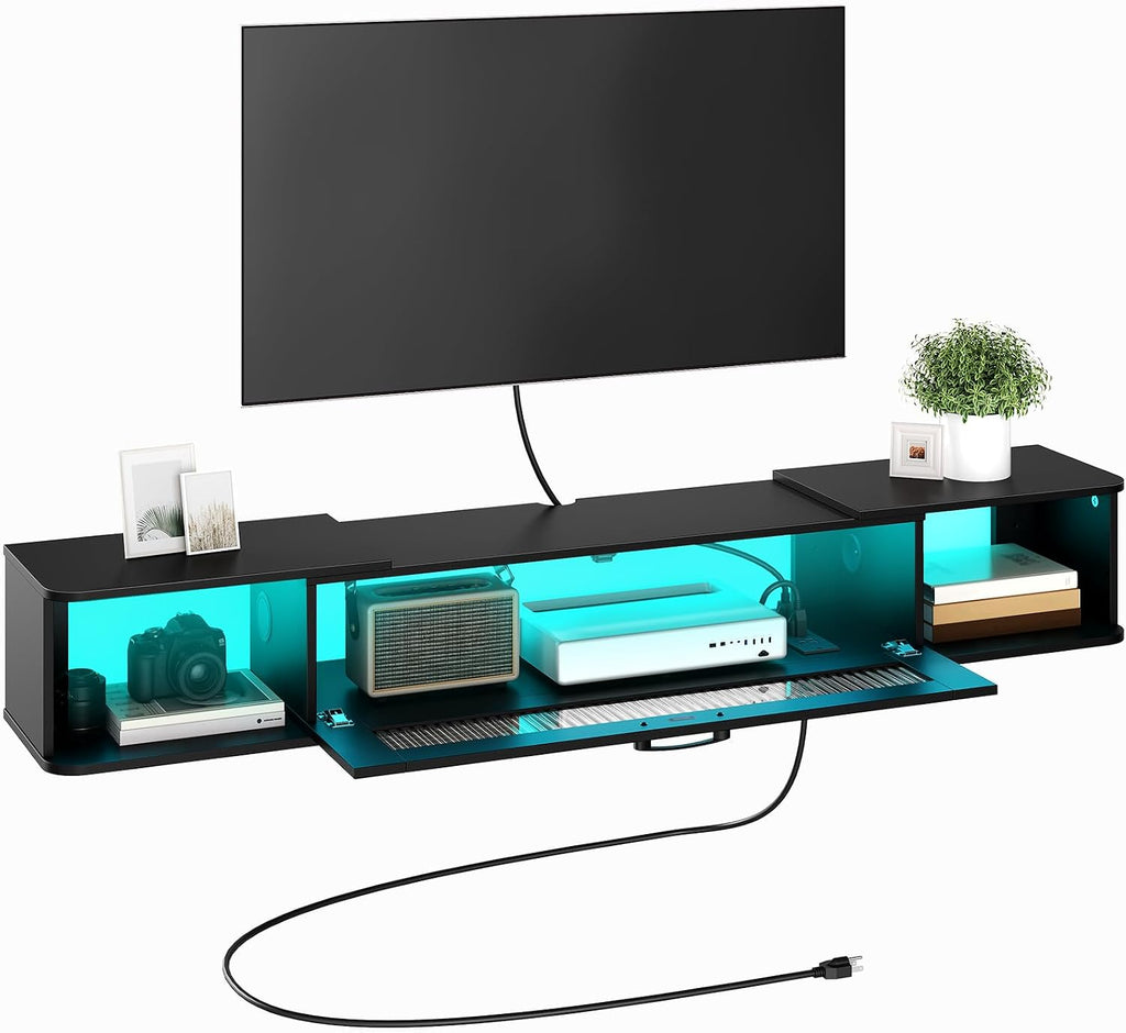 HOOBRO Floating TV Stand with LED Light Power Outlet for TVs up to 65”, Wall Mounted TV Shelf, Modern Media Console Entertainment Center Under TV, for Living Room Bedroom, Black BK34UDDS01G1
