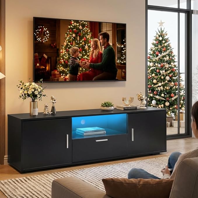 Modern TV Stand for 55 Inch TV – Black Entertainment Center with LED Lights & Spacious Storage Cabinets, Sturdy Media Console for Family Living Room or Bedroom