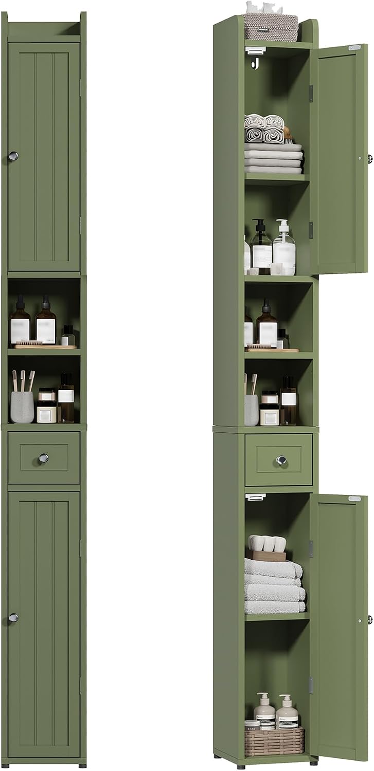ChooChoo Narrow Bathroom Storage Cabinet with Adjustable Shelves and Drawer | Tall Slim Storage Cabinet, Freestanding Cupboard for Small Spaces, Green