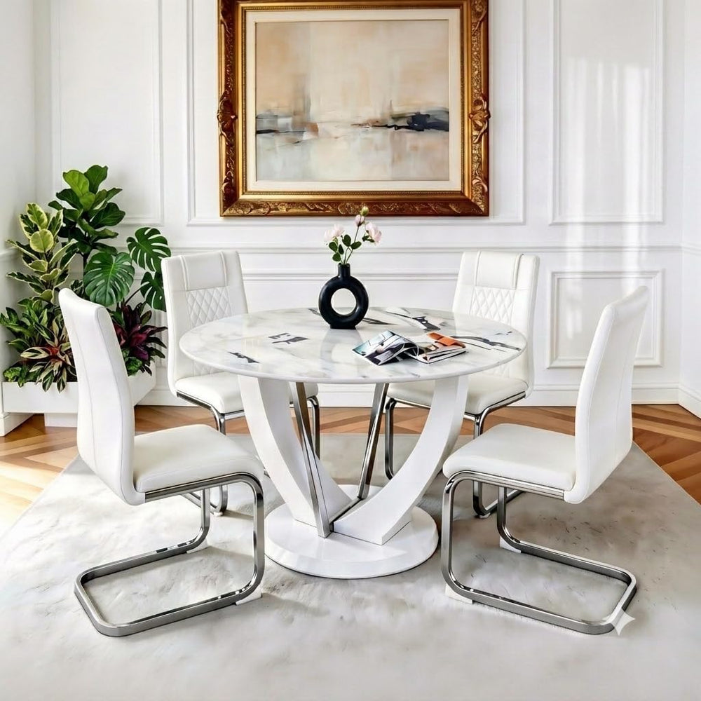 47" White Round Glass Dining Table Set 4 | Marble Pattern Kitchen Table ...