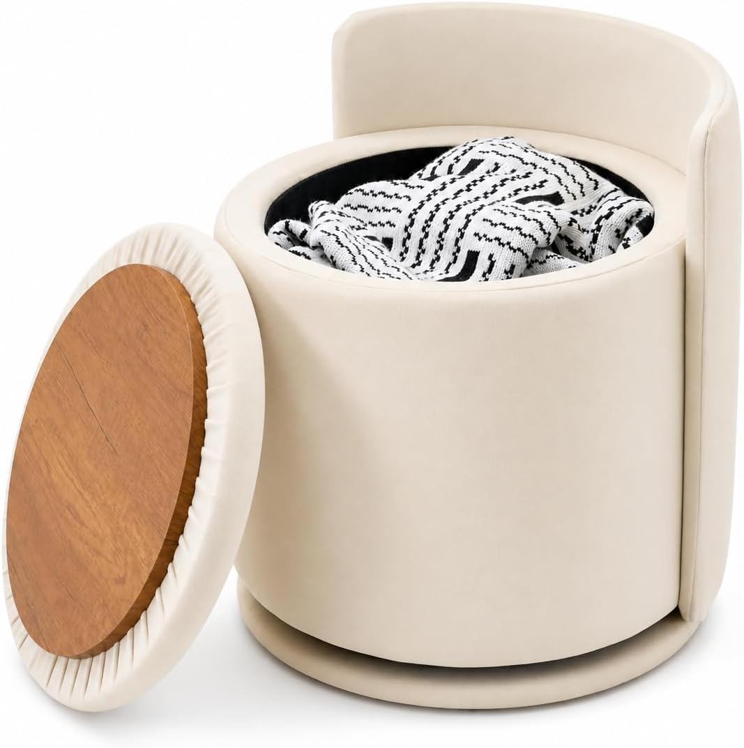 Velvet Ottoman with Storage and Back 360°Swivel Makeup Chair 17" D x 17" W x 20" H Multipurpose Soft Seat Ottoman Small Side Table Hallway Footstools for Living Room Dorm (Cream)