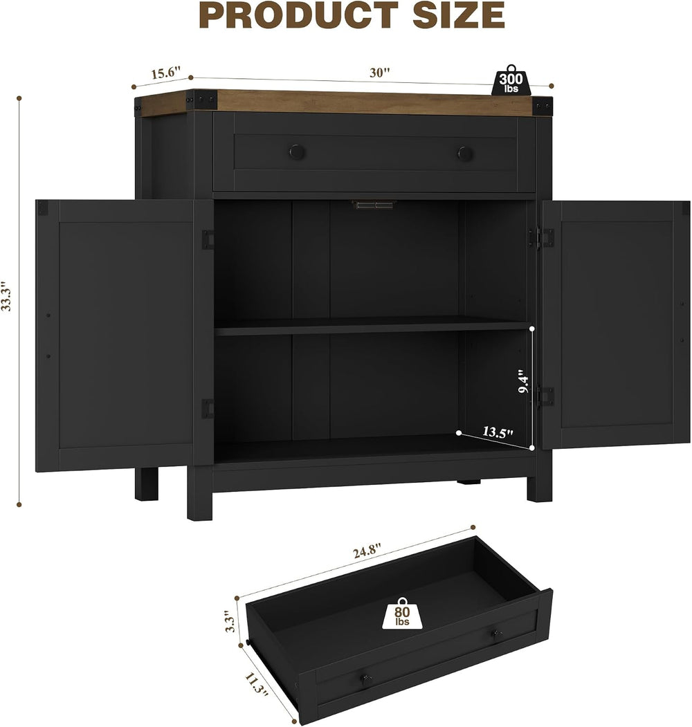 HOSTACK Kitchen Storage Cabinet, Farmhouse Coffee Bar Cabinet, Black/Brown