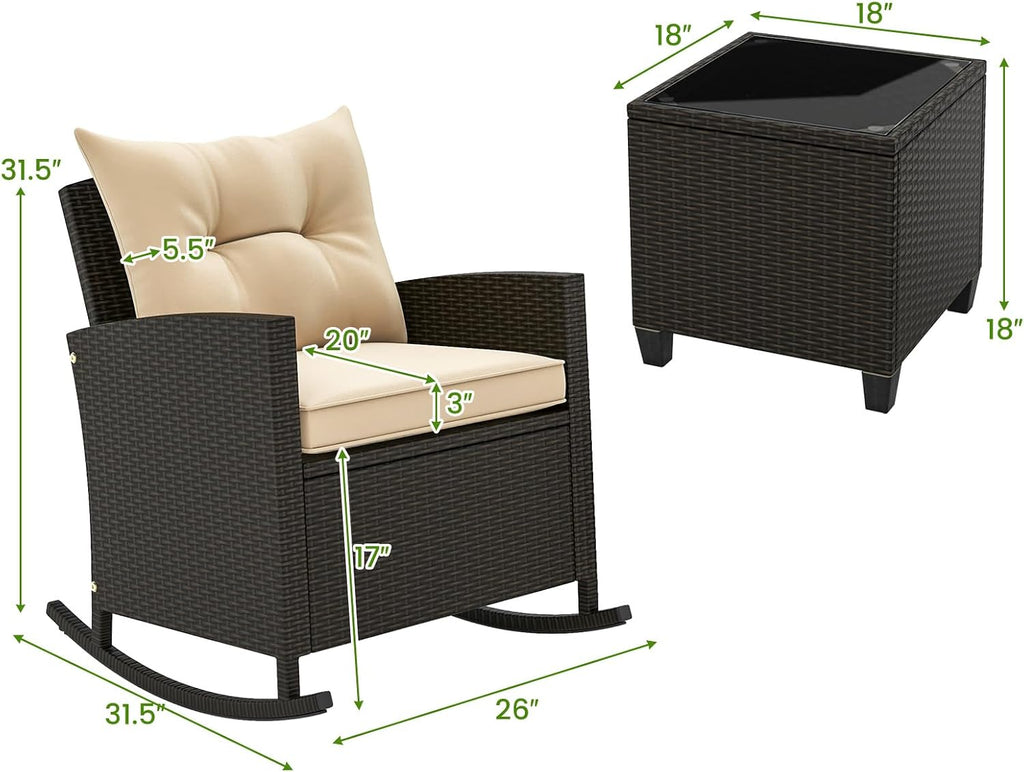 Tangkula 3 Piece Wicker Outdoor Rocking Chairs Set (Beige) | Tempered Glass Table & Thickened Soft Cushions | Easy Maintenance | Long-Lasting for Porch Garden Patio Backyard Poolside