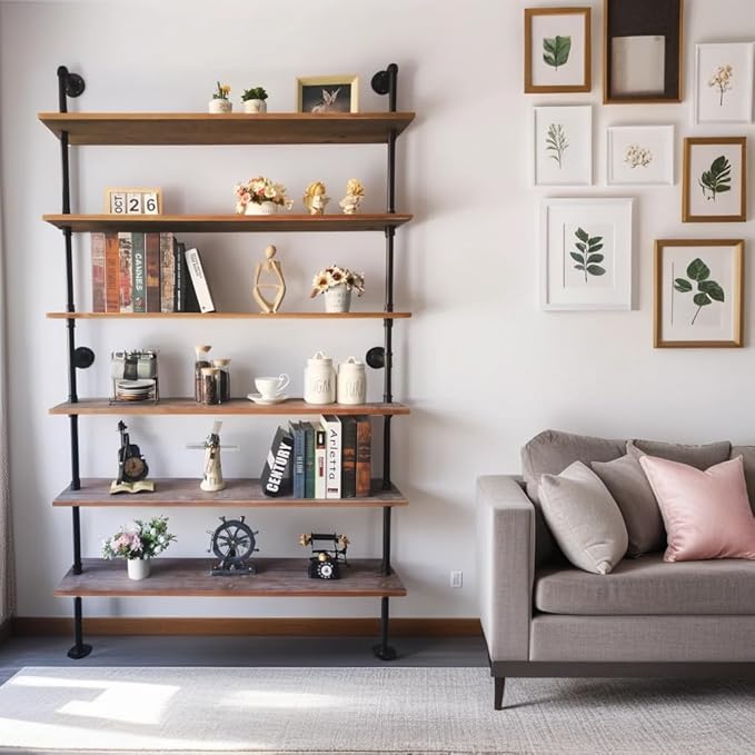 Industrial Ladder Pipe Shelf, Wall Mounted Wood Metal Bookshelf for Living Room Storage (Weathered Brown, 6 Tier - 10" D x 48" W x 82.5" H)