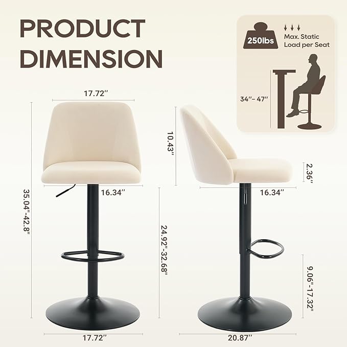 COLAMY Bar Stools Set of 1, Modern Swivel Bar Chairs, Adjustable Upholstered ...