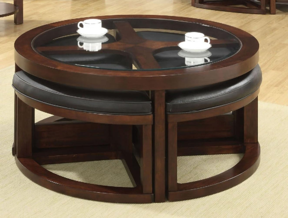 Dark Walnut Coffee Table Glass Insert Top Ottoman Included Table Set Living R...
