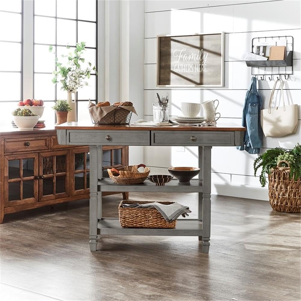 Inspire Q Two-Tone Antique Wood Kitchen Island Buffet with Oak Top in Gray Base