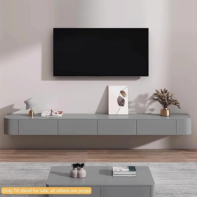 Floating TV Stand with Drawers, Pre-Assembled Wall Mounted TV Console, Modern Floating Media Console for Living Room, Space-Saving Floating TV Cabinet (Gray, 55in/140cm)