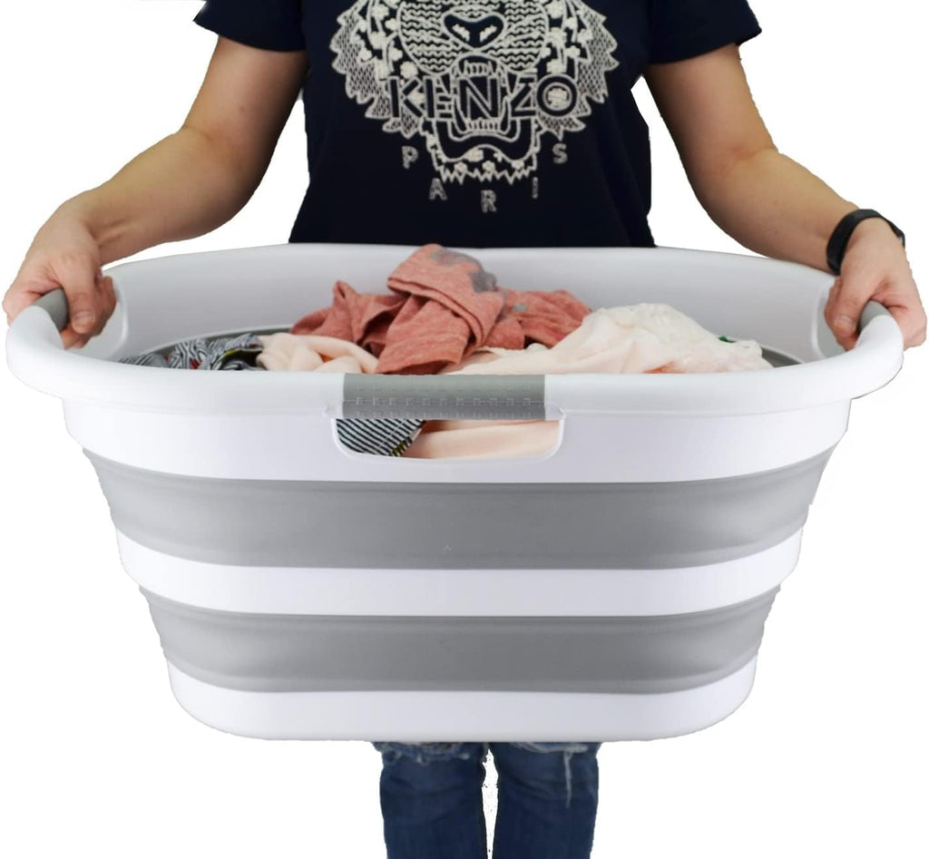 SAMMART 40L (10.5 gallons) Collapsible Plastic Laundry Washing Tub - Foldable Pop Up Laundry Basket/Hamper - Portable Washing Tub - Pop Up Saving (White/Grey)