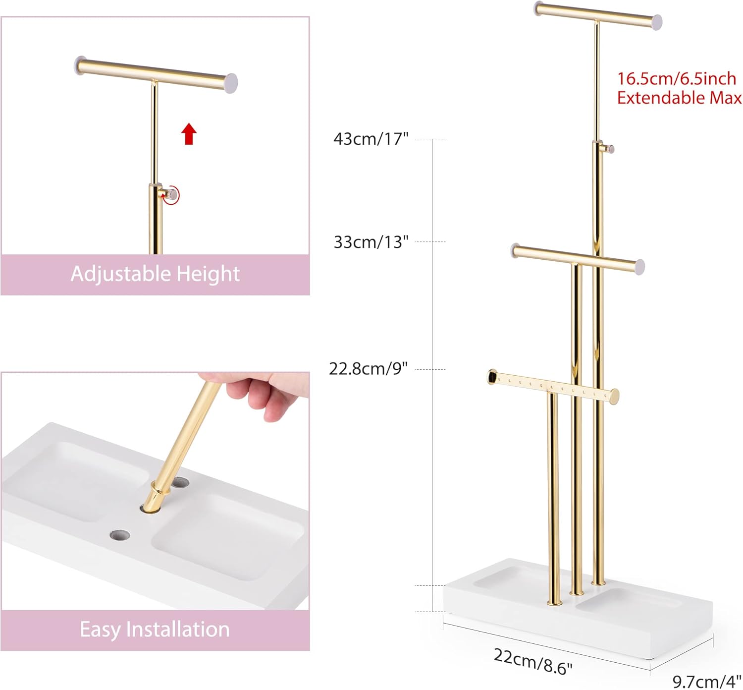 Love-KANKEI Jewelry Organizer Hanging with Metal and Wood Base, Necklace Holder with 3 Tier Tree Jewelry holder stand for Bracelets Earrings Rings,Height Adjustable Gift White and Gold